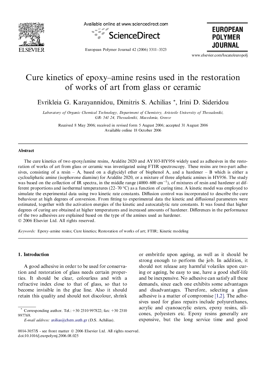 Cure kinetics of epoxy–amine resins used in the restoration of works of art from glass or ceramic