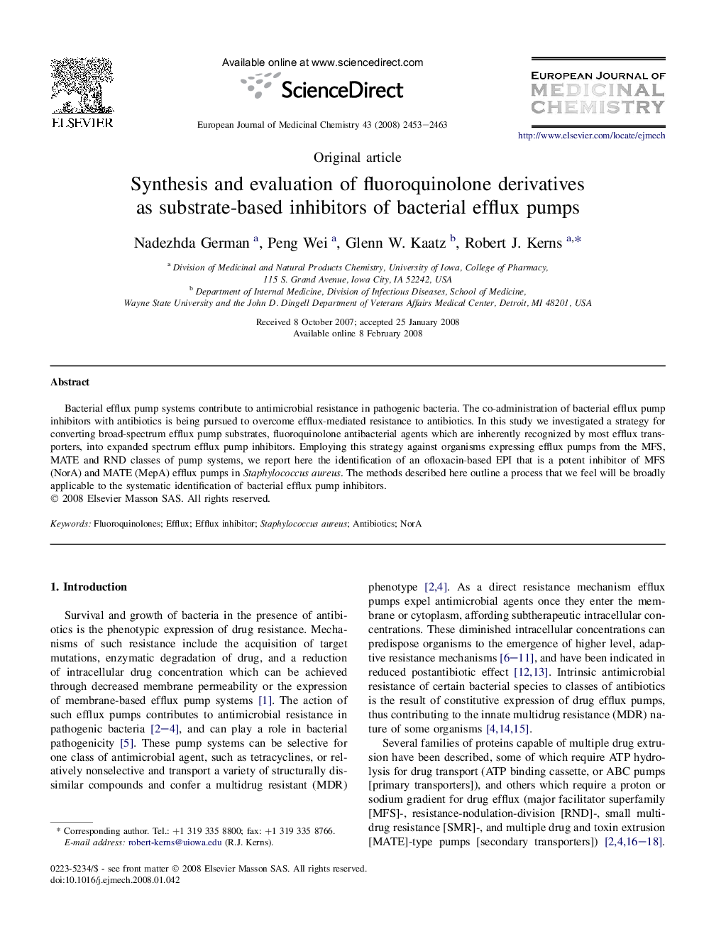 Synthesis and evaluation of fluoroquinolone derivatives as substrate-based inhibitors of bacterial efflux pumps