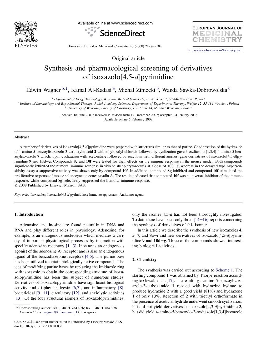 Synthesis and pharmacological screening of derivatives of isoxazolo[4,5-d]pyrimidine