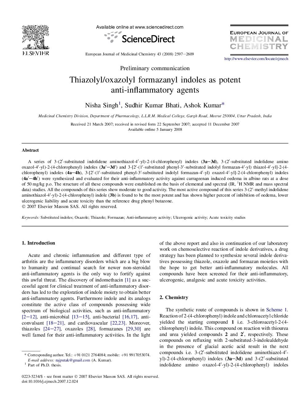 Thiazolyl/oxazolyl formazanyl indoles as potent anti-inflammatory agents