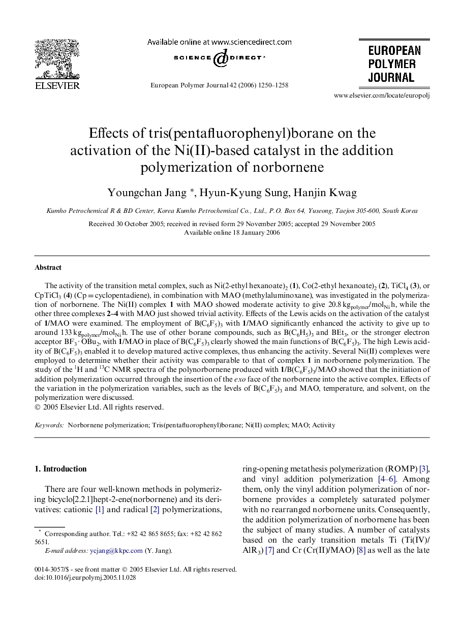 Effects of tris(pentafluorophenyl)borane on the activation of the Ni(II)-based catalyst in the addition polymerization of norbornene