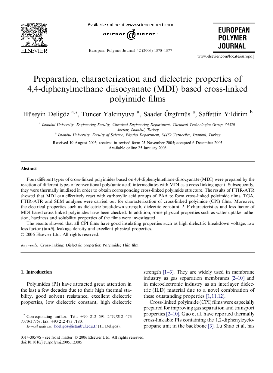 عکس صفحه اول مقاله: Preparation, characterization and dielectric properties of 4,4-diphenylmethane diisocyanate (MDI) based cross-linked polyimide films Preparation, characterization and dielectric properties of 4,4-diphenylmethane diisocyanate (MDI) based cross-linked polyimide films