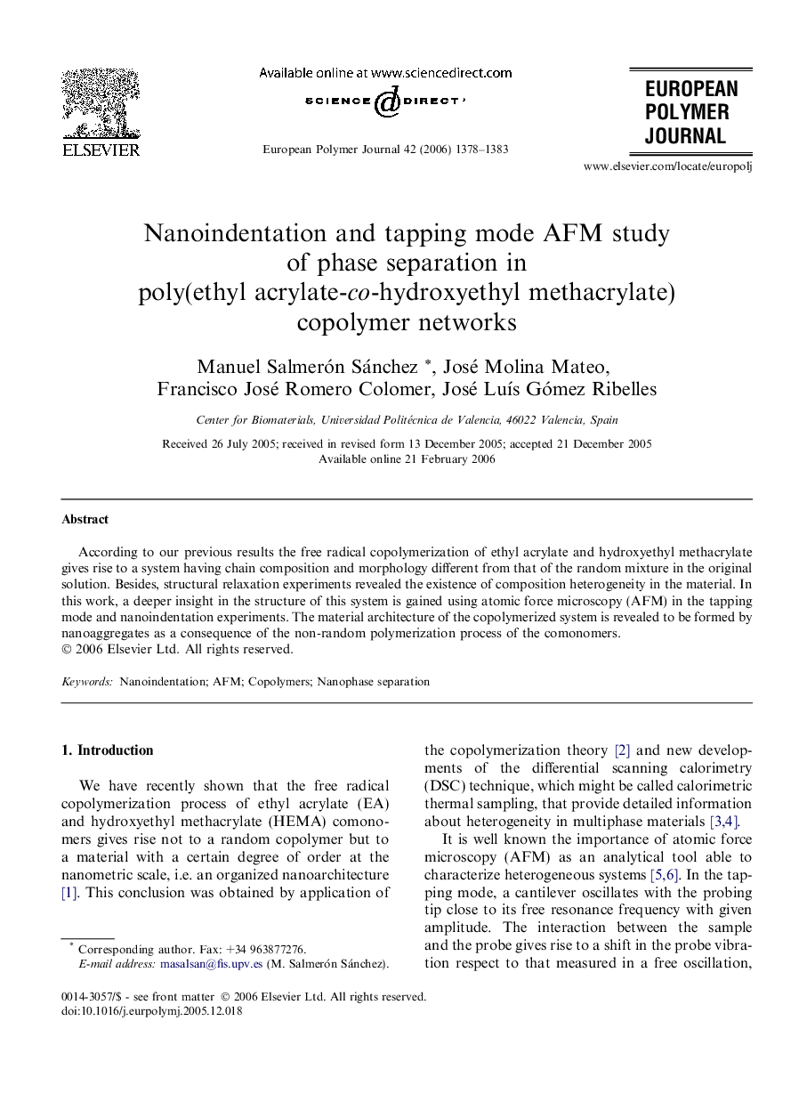 Nanoindentation and tapping mode AFM study of phase separation in poly(ethyl acrylate-co-hydroxyethyl methacrylate) copolymer networks