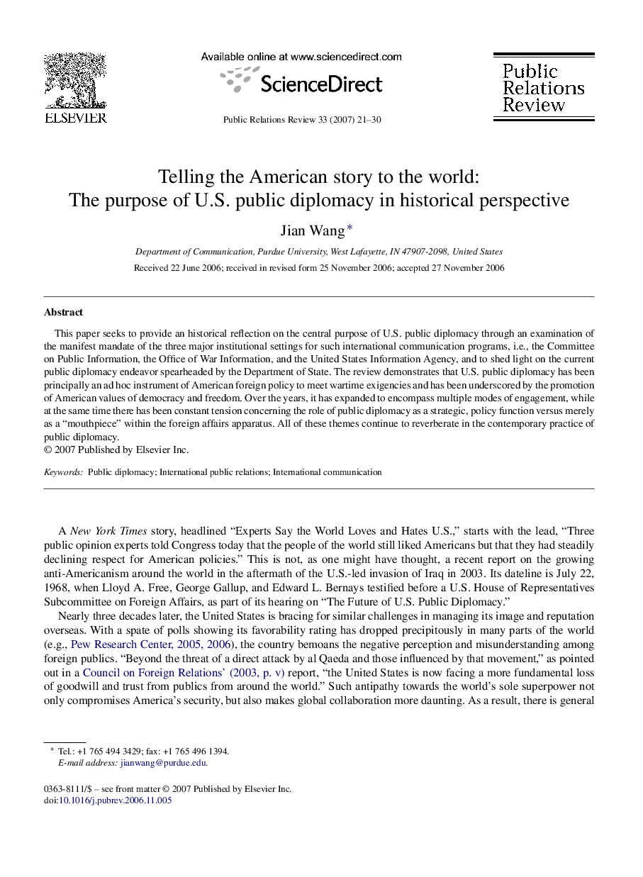 Telling the American story to the world: The purpose of U.S. public diplomacy in historical perspective