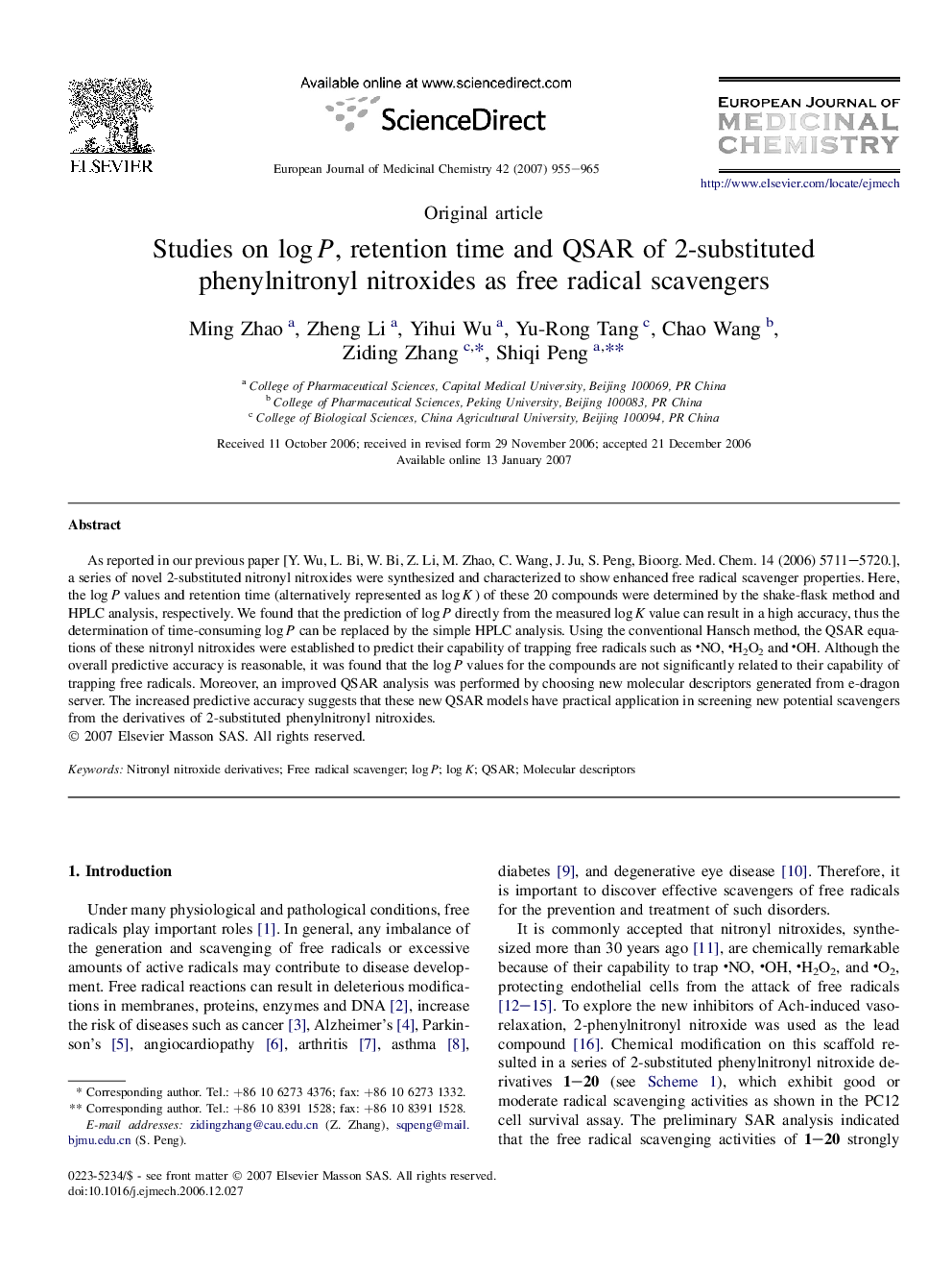 Studies on log P, retention time and QSAR of 2-substituted phenylnitronyl nitroxides as free radical scavengers