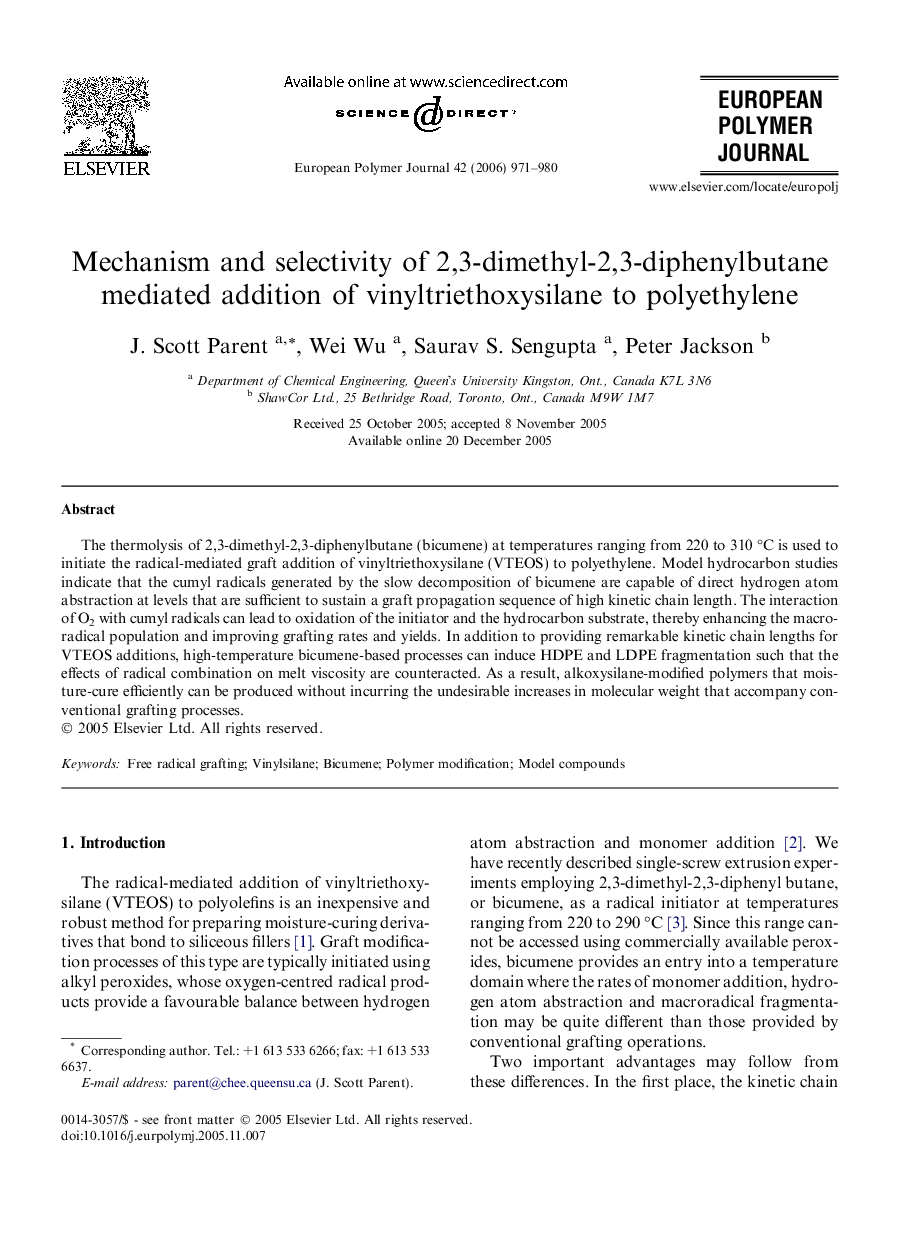 Mechanism and selectivity of 2,3-dimethyl-2,3-diphenylbutane mediated addition of vinyltriethoxysilane to polyethylene
