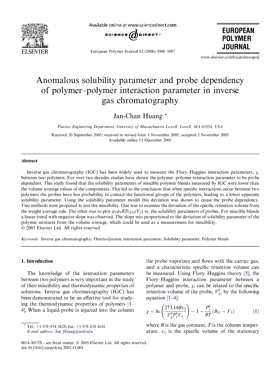 Anomalous solubility parameter and probe dependency of polymer–polymer interaction parameter in inverse gas chromatography