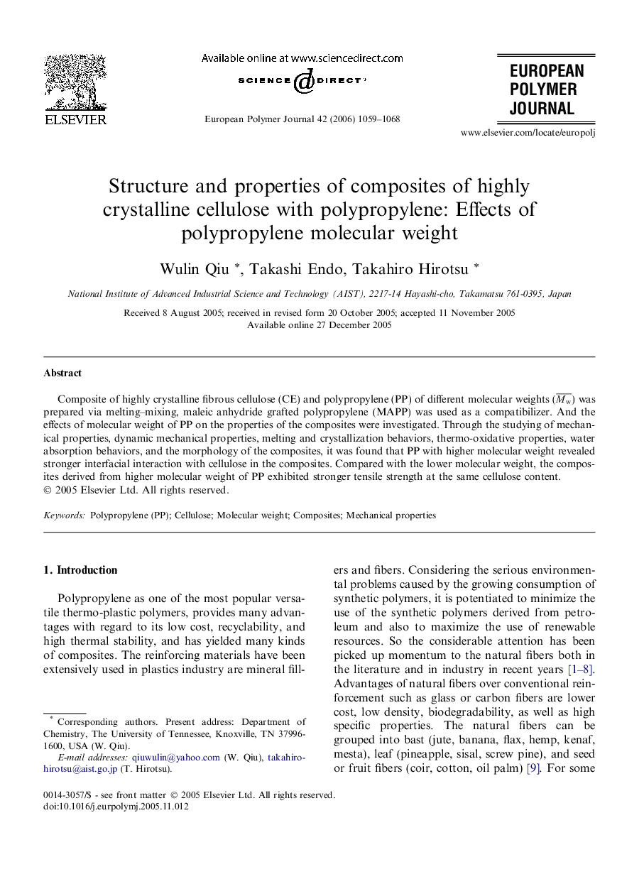 Structure and properties of composites of highly crystalline cellulose with polypropylene: Effects of polypropylene molecular weight