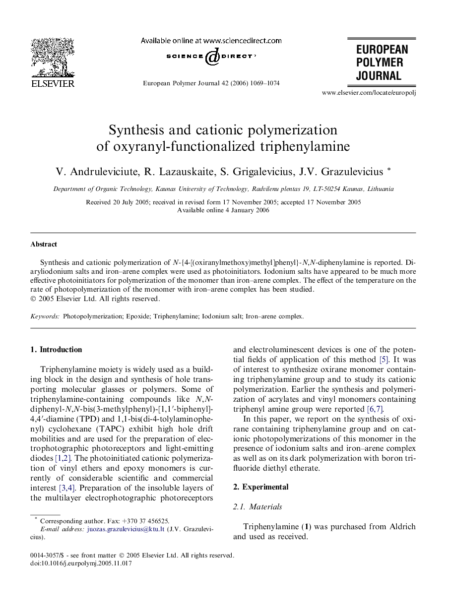 Synthesis and cationic polymerization of oxyranyl-functionalized triphenylamine