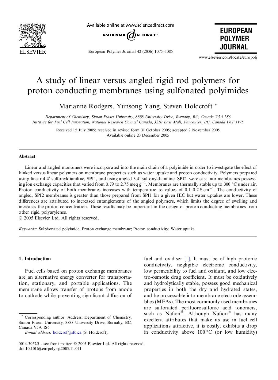 A study of linear versus angled rigid rod polymers for proton conducting membranes using sulfonated polyimides