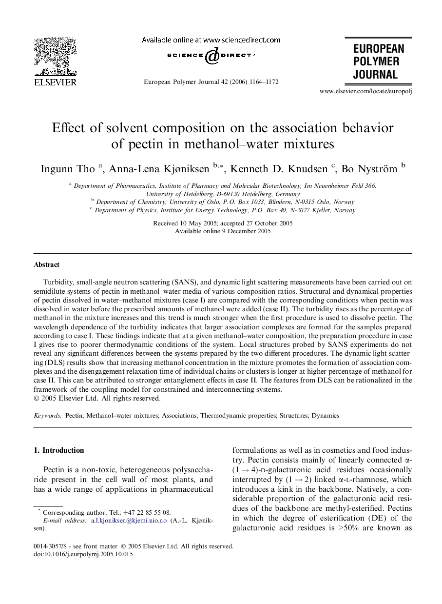 Effect of solvent composition on the association behavior of pectin in methanol–water mixtures