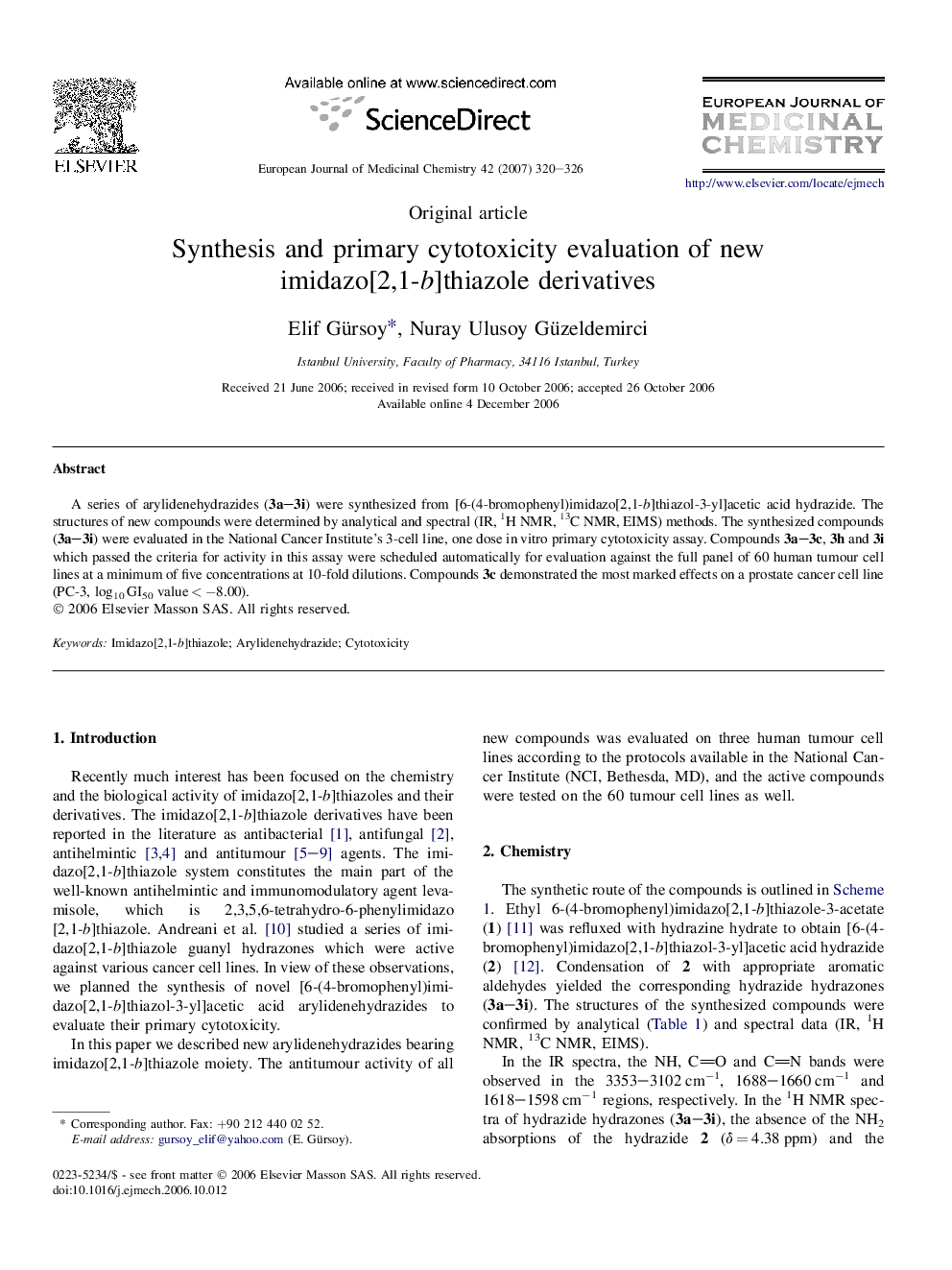 Synthesis and primary cytotoxicity evaluation of new imidazo[2,1-b]thiazole derivatives