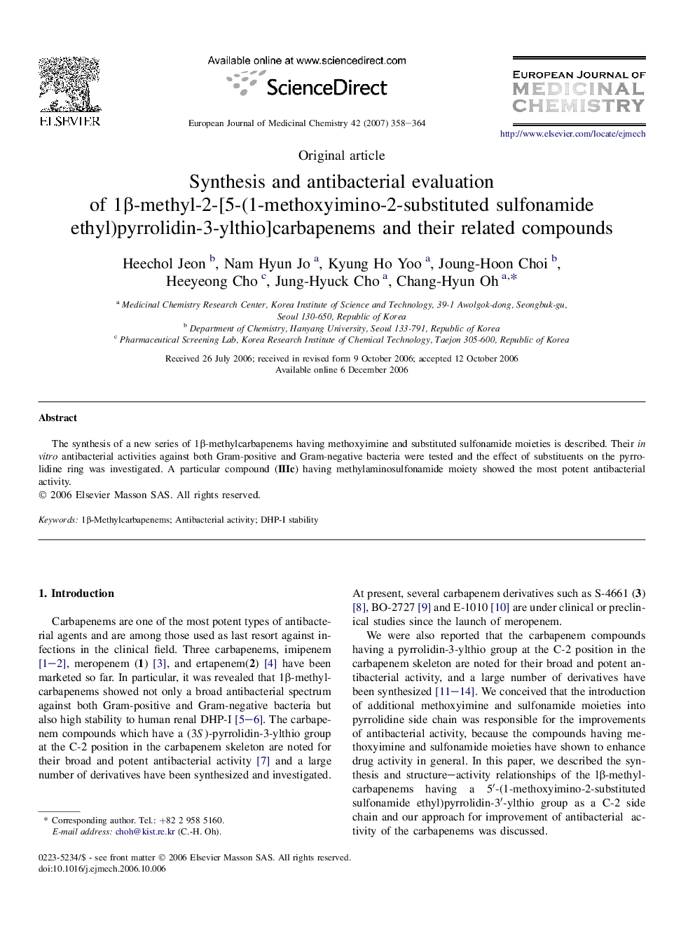 Synthesis and antibacterial evaluation of 1β-methyl-2-[5-(1-methoxyimino-2-substituted sulfonamide ethyl)pyrrolidin-3-ylthio]carbapenems and their related compounds