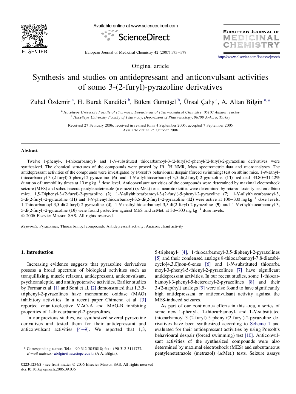 Synthesis and studies on antidepressant and anticonvulsant activities of some 3-(2-furyl)-pyrazoline derivatives