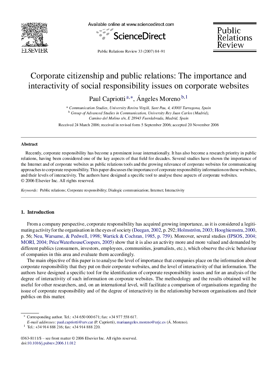 Corporate citizenship and public relations: The importance and interactivity of social responsibility issues on corporate websites