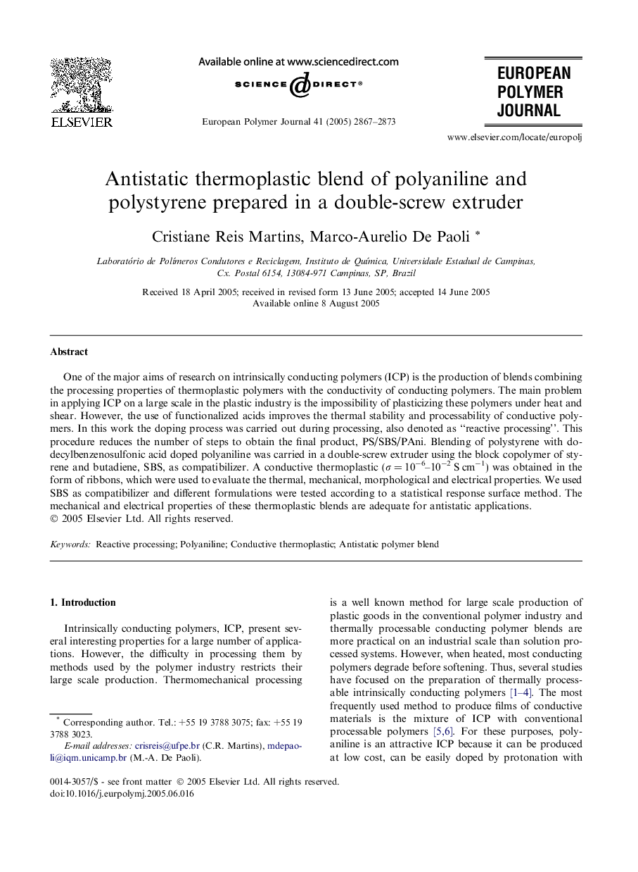 Antistatic thermoplastic blend of polyaniline and polystyrene prepared in a double-screw extruder