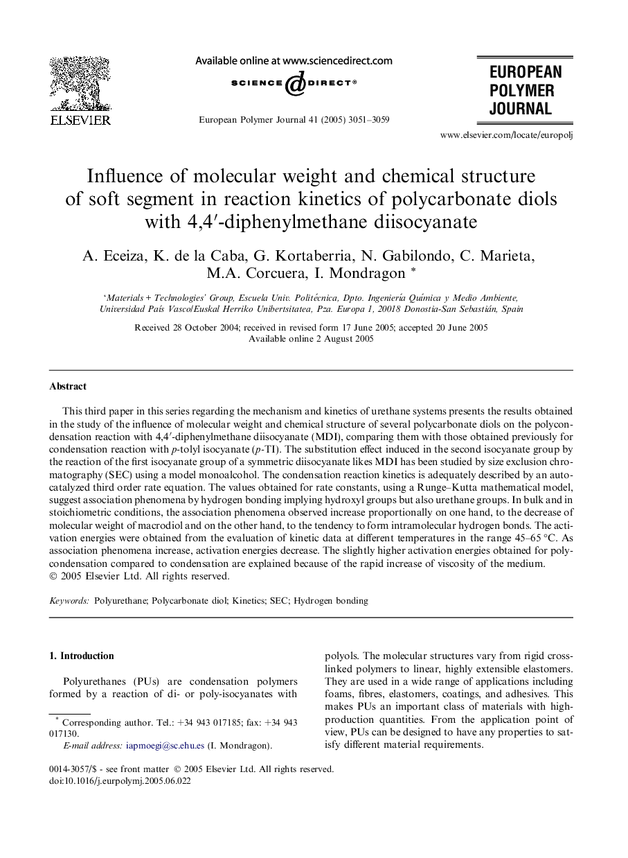 Influence of molecular weight and chemical structure of soft segment in reaction kinetics of polycarbonate diols with 4,4′-diphenylmethane diisocyanate