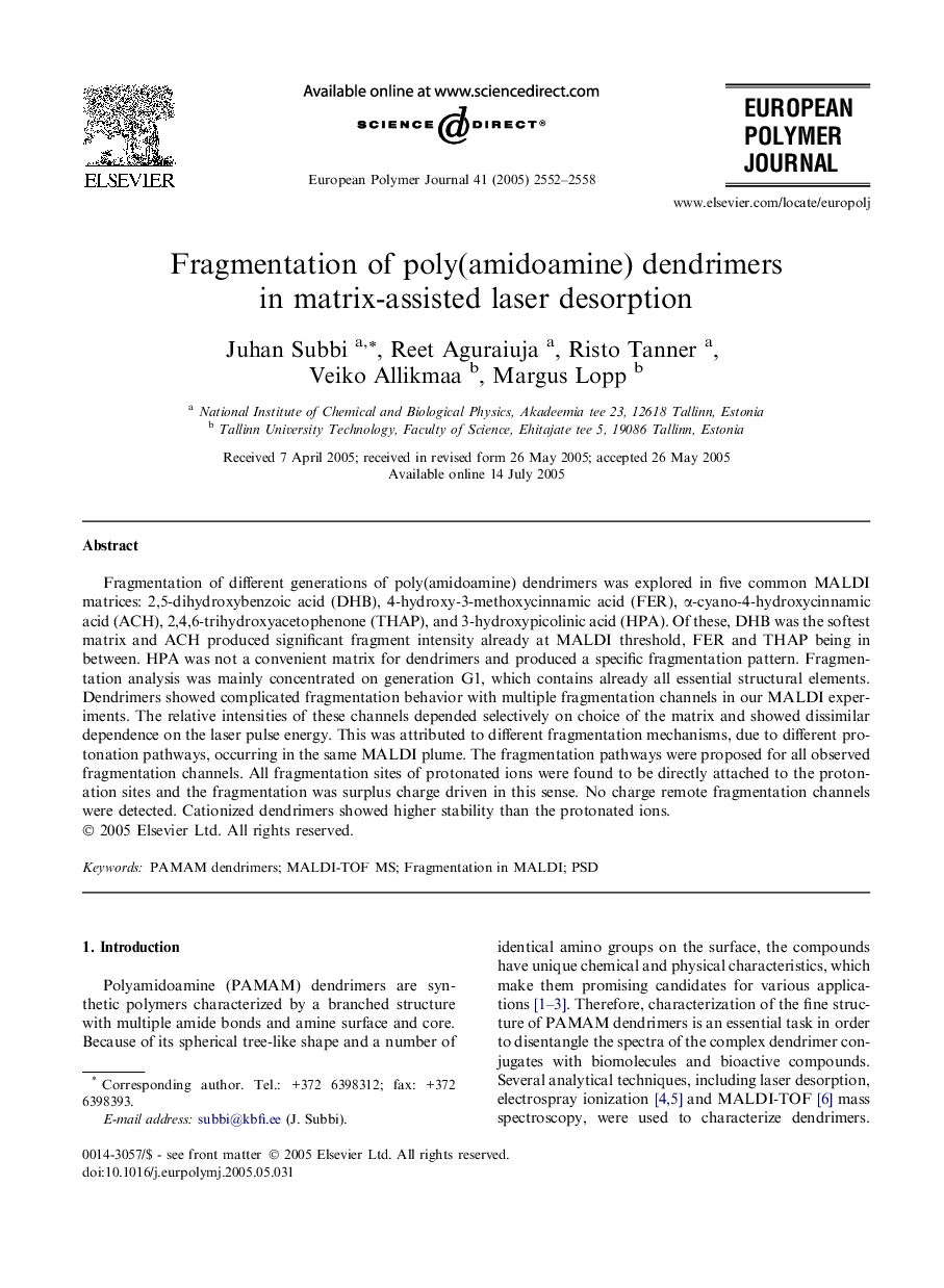 Fragmentation of poly(amidoamine) dendrimers in matrix-assisted laser desorption