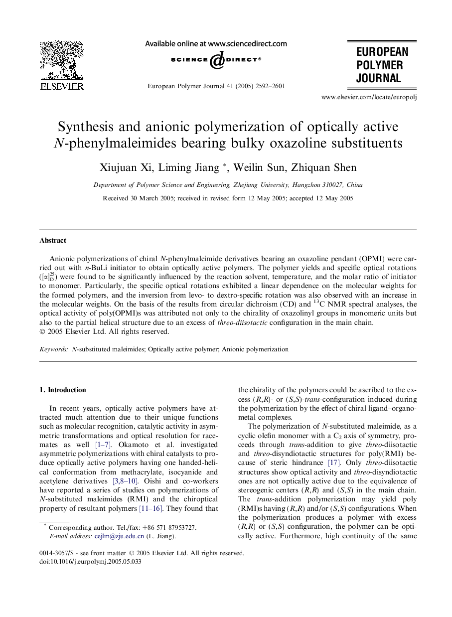 Synthesis and anionic polymerization of optically active N-phenylmaleimides bearing bulky oxazoline substituents