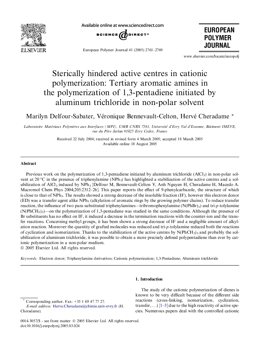 Sterically hindered active centres in cationic polymerization: Tertiary aromatic amines in the polymerization of 1,3-pentadiene initiated by aluminum trichloride in non-polar solvent