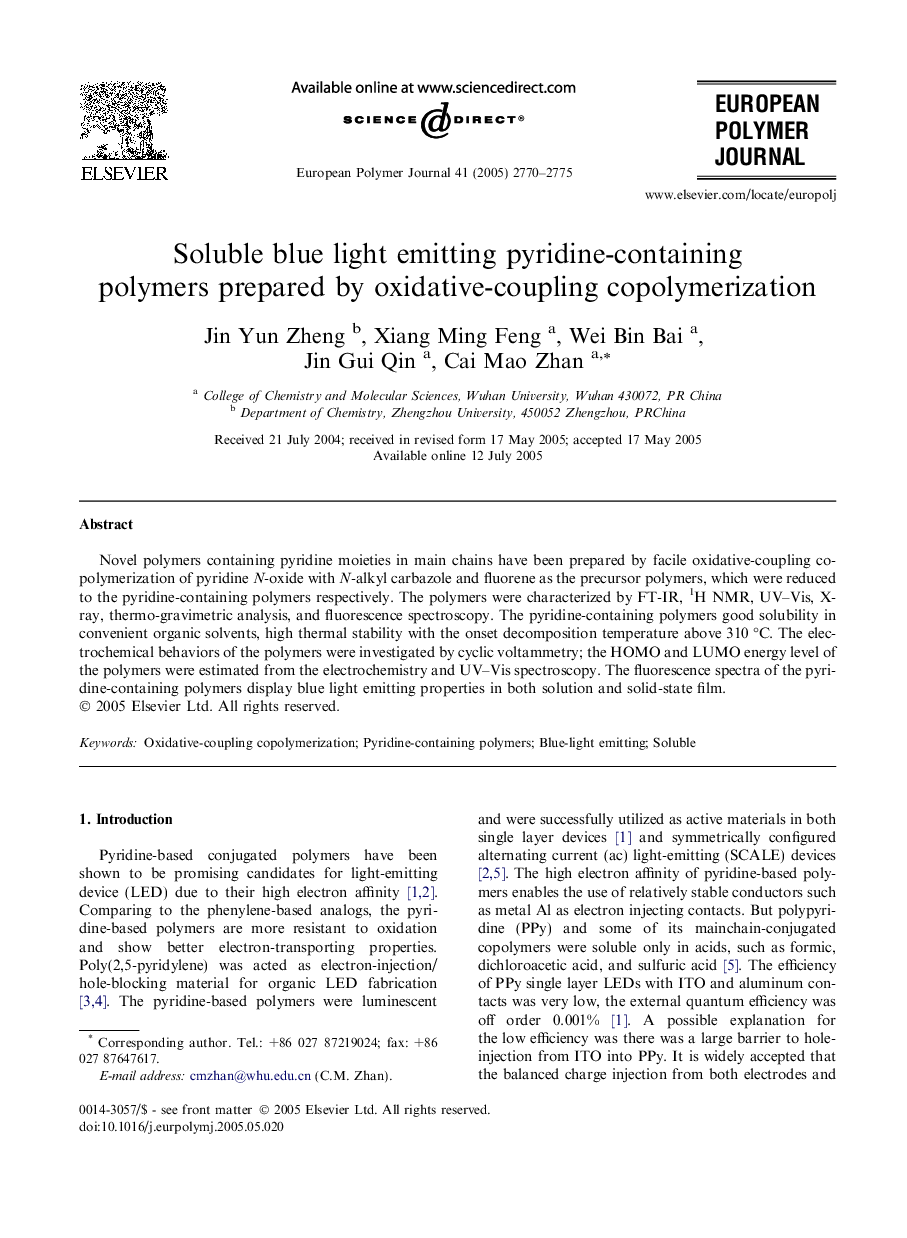 عکس صفحه اول مقاله: Soluble blue light emitting pyridine-containing polymers prepared by oxidative-coupling copolymerization Soluble blue light emitting pyridine-containing polymers prepared by oxidative-coupling copolymerization