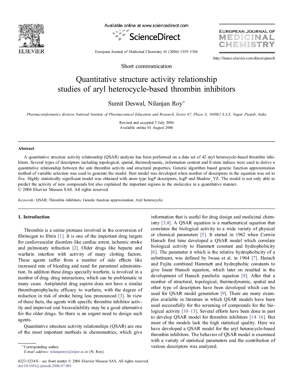 Quantitative structure activity relationship studies ofÂ aryl heterocycle-based thrombin inhibitors