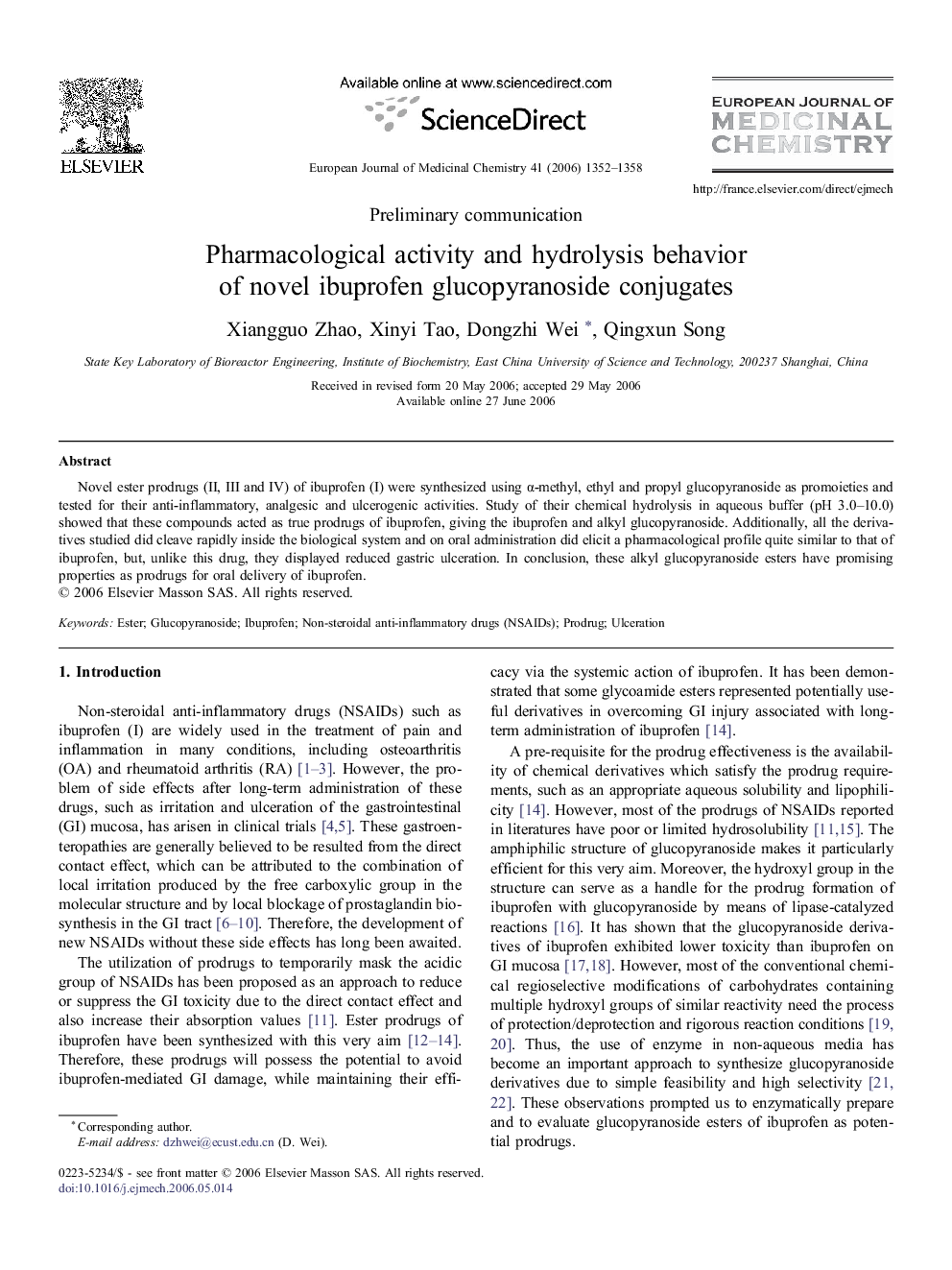 Pharmacological activity and hydrolysis behavior of novel ibuprofen glucopyranoside conjugates