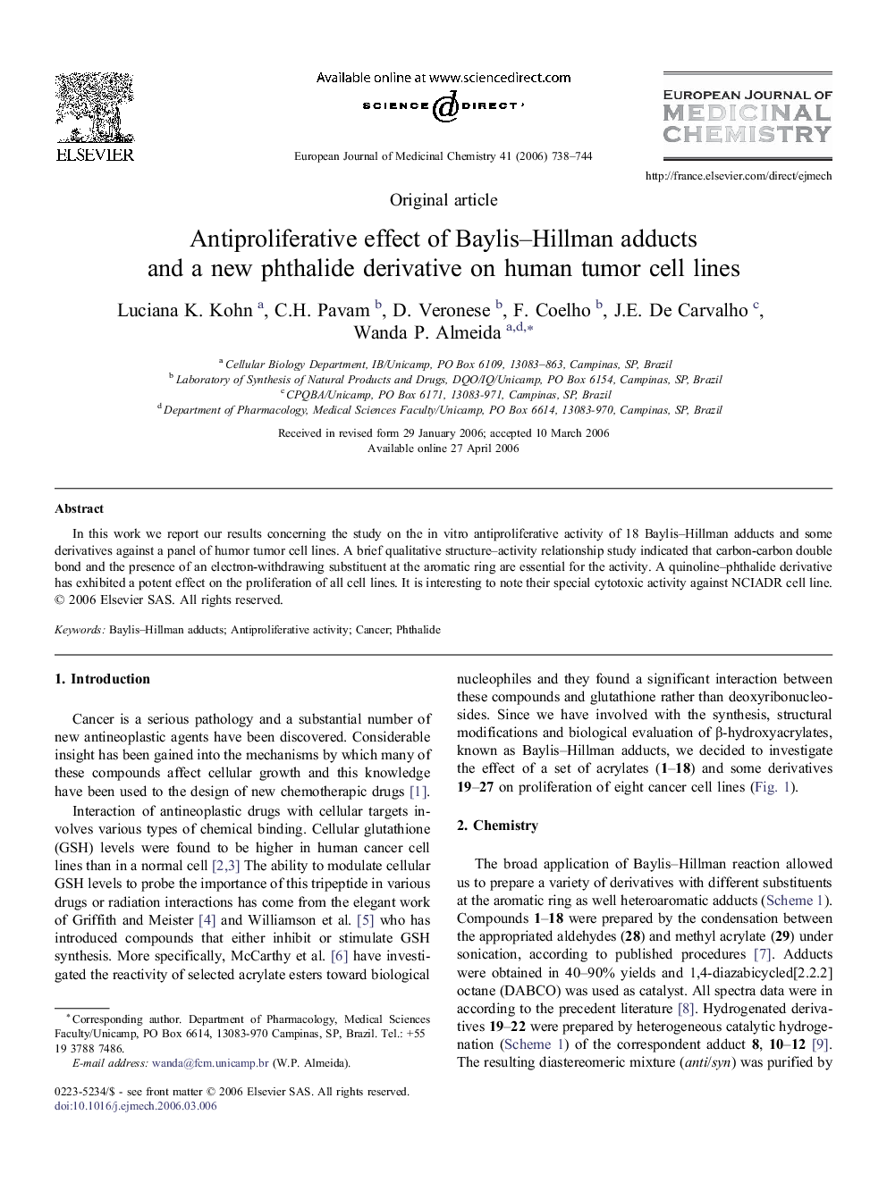 Antiproliferative effect of Baylis–Hillman adducts and a new phthalide derivative on human tumor cell lines