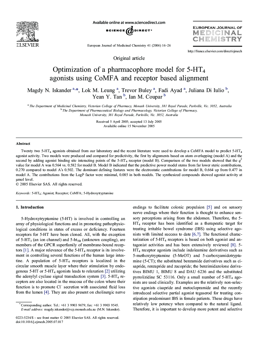 Optimization ofÂ aÂ pharmacophore model forÂ 5-HT4 agonists using CoMFA andÂ receptor based alignment
