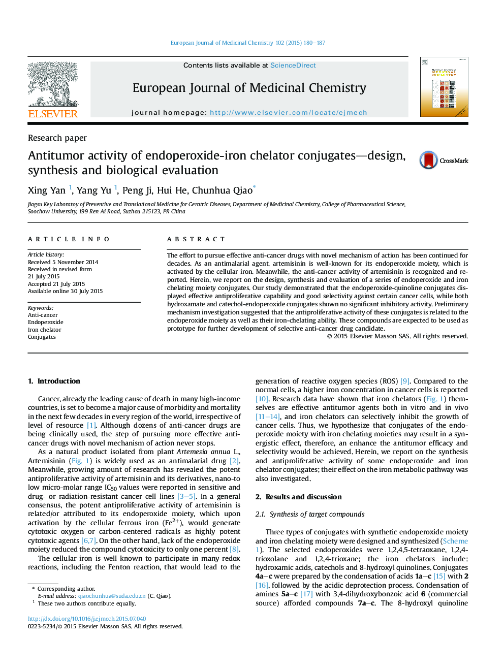 Antitumor activity of endoperoxide-iron chelator conjugates―design, synthesis and biological evaluation