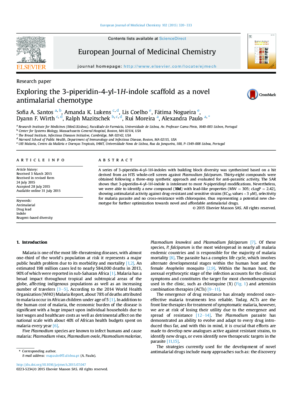 Exploring the 3-piperidin-4-yl-1H-indole scaffold as a novel antimalarial chemotype