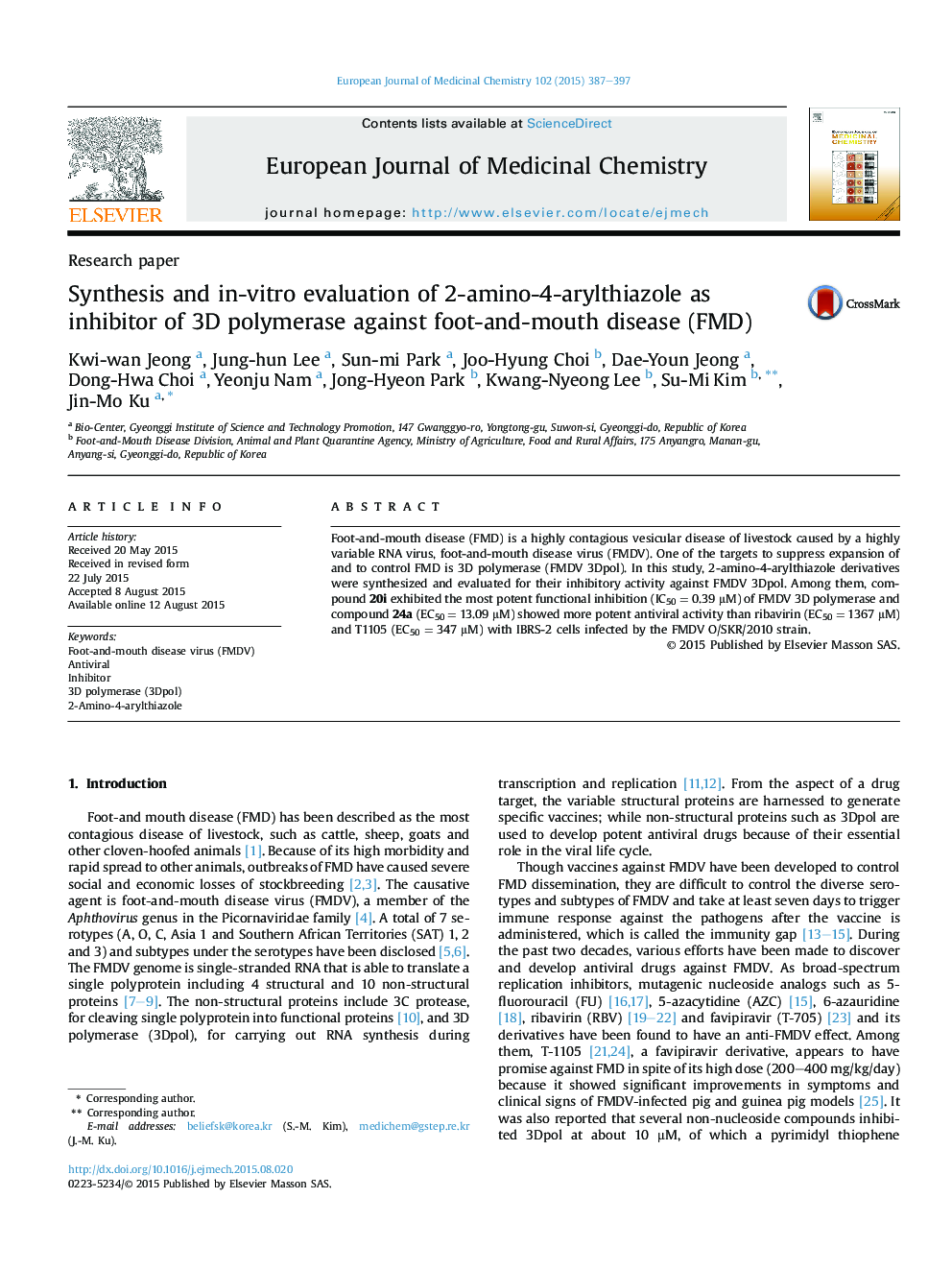 Synthesis and in-vitro evaluation of 2-amino-4-arylthiazole as inhibitor of 3D polymerase against foot-and-mouth disease (FMD)