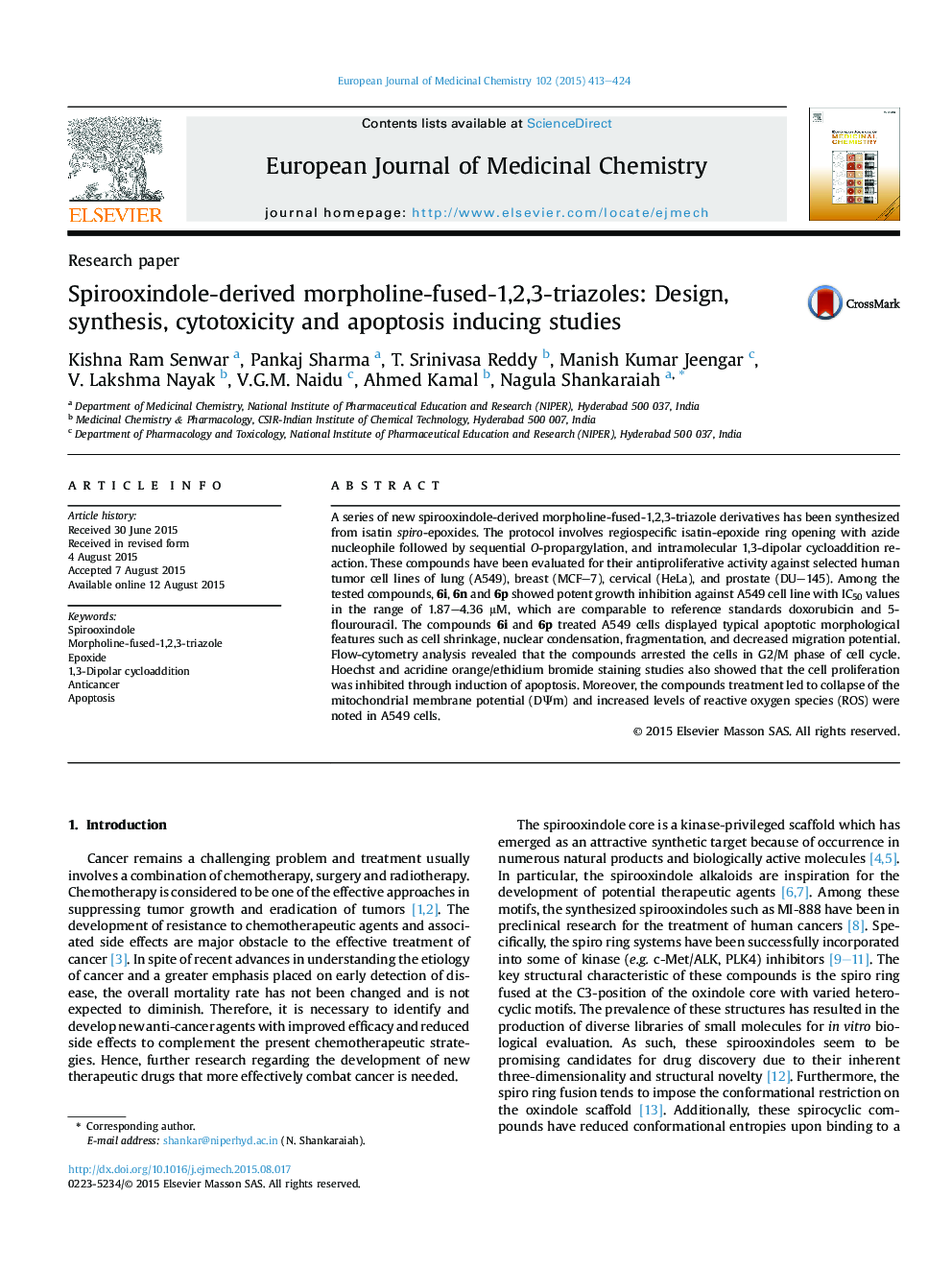 Spirooxindole-derived morpholine-fused-1,2,3-triazoles: Design, synthesis, cytotoxicity and apoptosis inducing studies