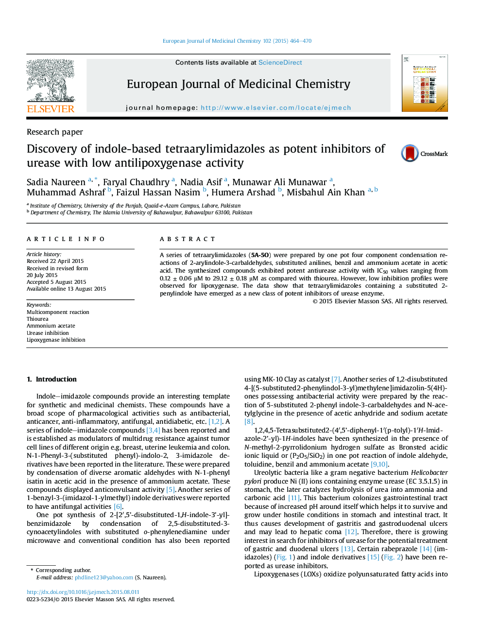 Discovery of indole-based tetraarylimidazoles as potent inhibitors of urease with low antilipoxygenase activity