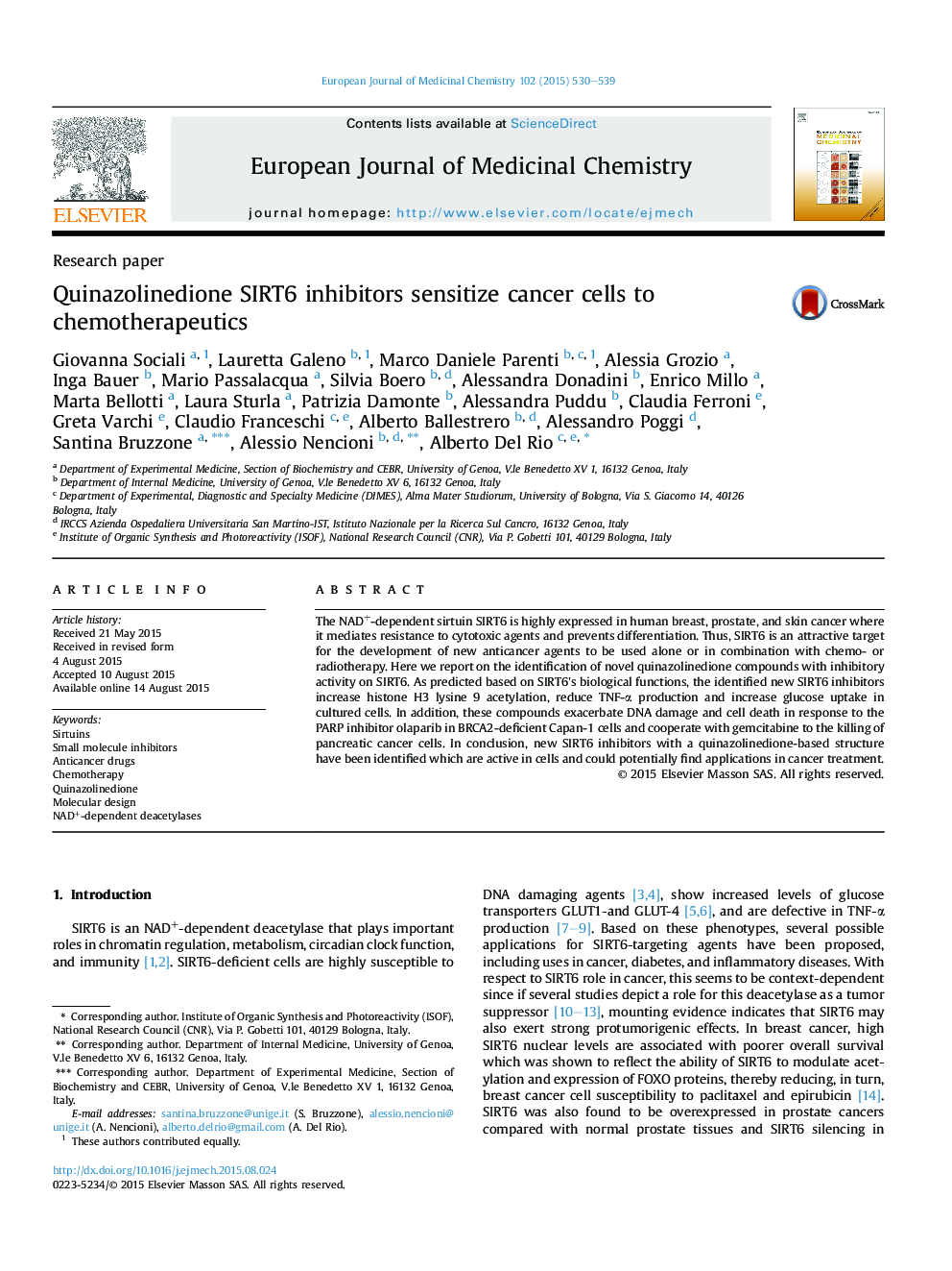 Quinazolinedione SIRT6 inhibitors sensitize cancer cells to chemotherapeutics