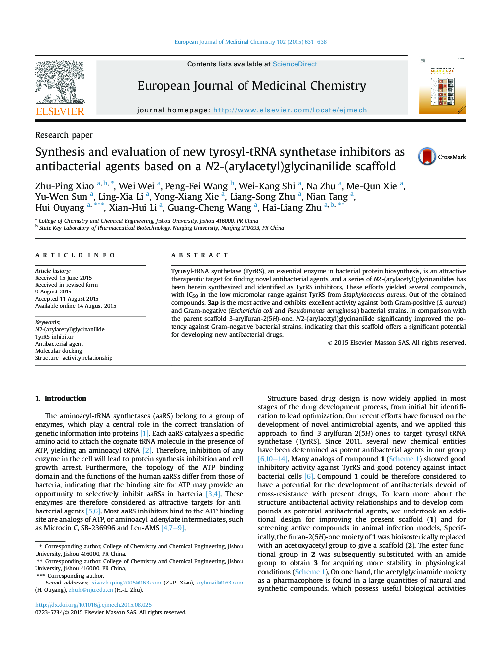 Synthesis and evaluation of new tyrosyl-tRNA synthetase inhibitors as antibacterial agents based on a N2-(arylacetyl)glycinanilide scaffold