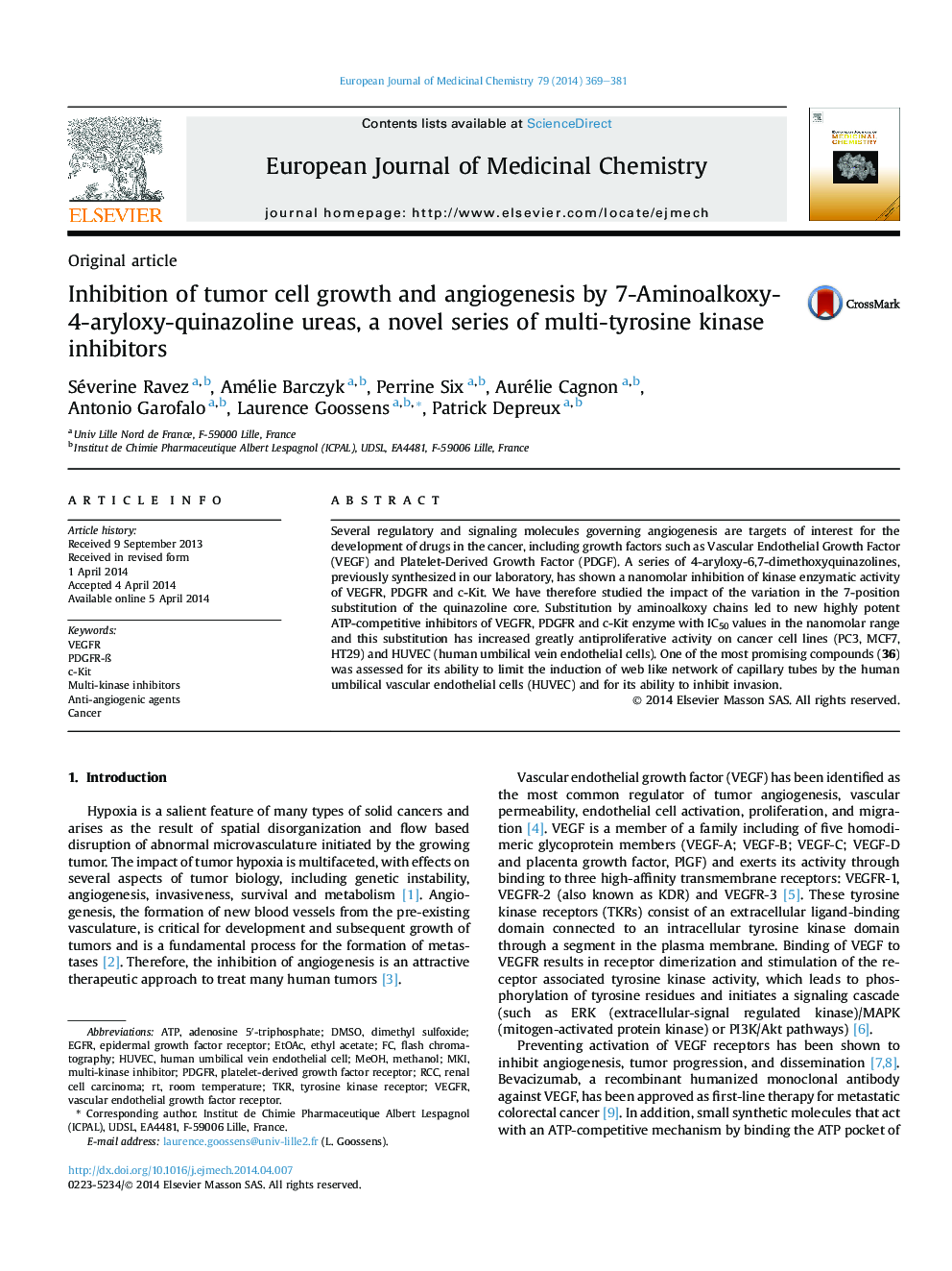 Inhibition of tumor cell growth and angiogenesis by 7-Aminoalkoxy-4-aryloxy-quinazoline ureas, a novel series of multi-tyrosine kinase inhibitors