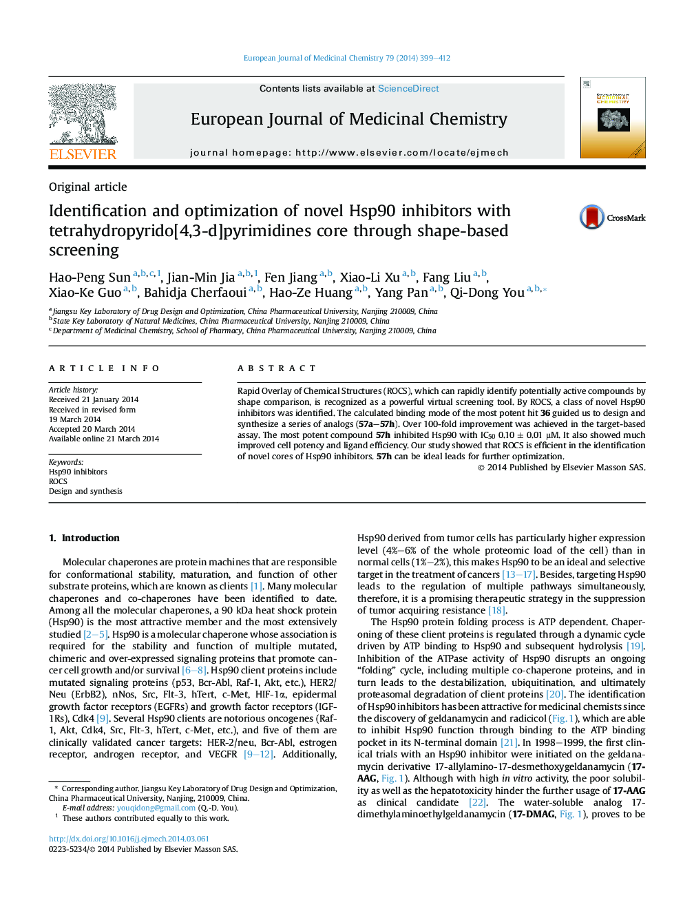 Identification and optimization of novel Hsp90 inhibitors with tetrahydropyrido[4,3-d]pyrimidines core through shape-based screening