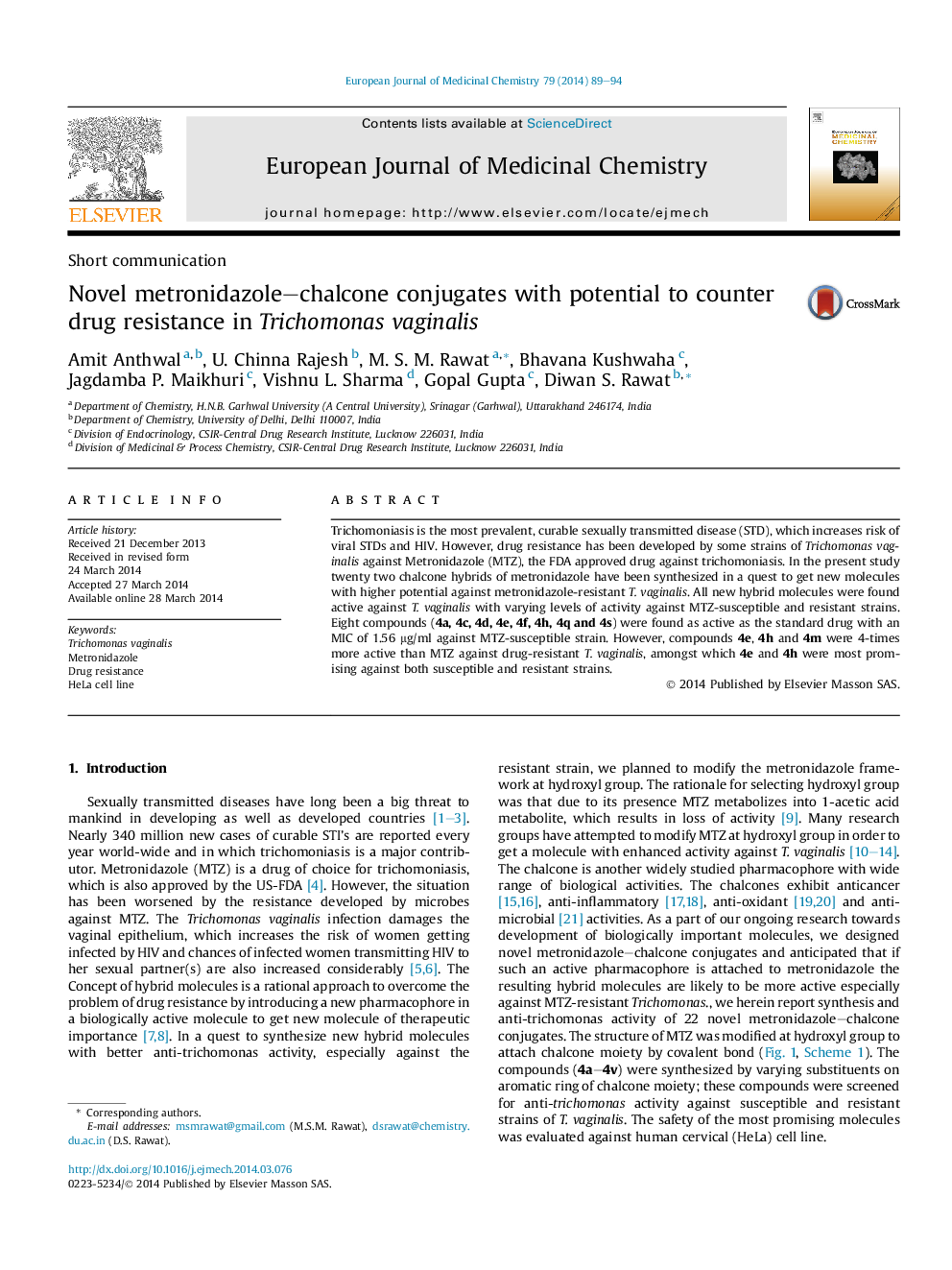 Novel metronidazole–chalcone conjugates with potential to counter drug resistance in Trichomonas vaginalis