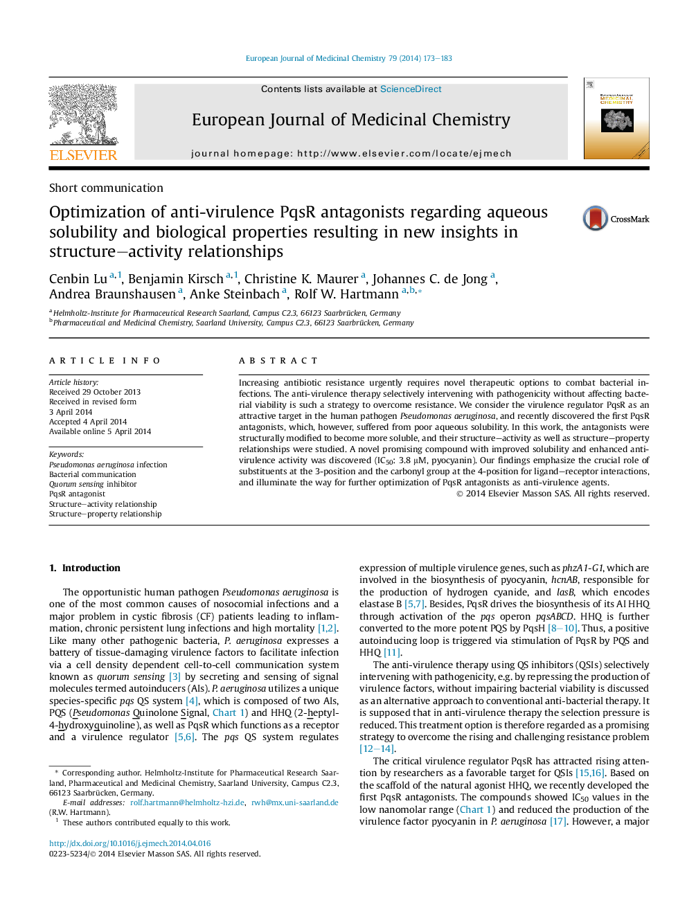 Optimization of anti-virulence PqsR antagonists regarding aqueous solubility and biological properties resulting in new insights in structure–activity relationships