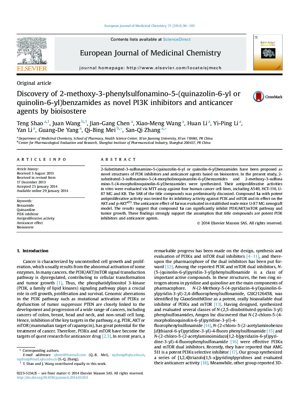 Discovery of 2-methoxy-3-phenylsulfonamino-5-(quinazolin-6-yl or quinolin-6-yl)benzamides as novel PI3K inhibitors and anticancer agents by bioisostere