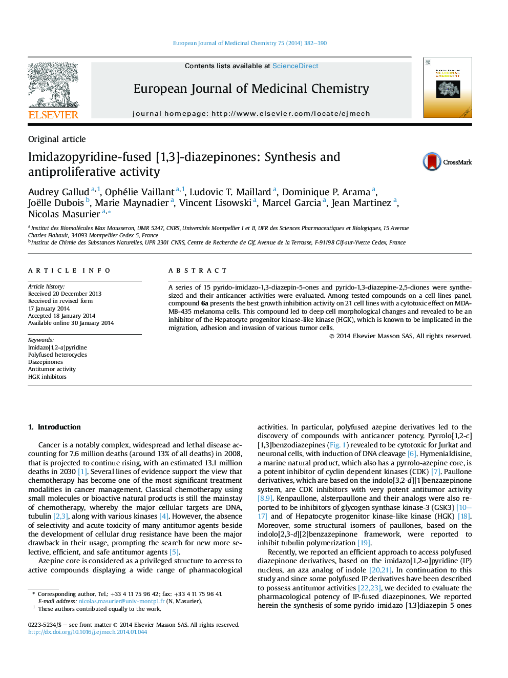 Imidazopyridine-fused [1,3]-diazepinones: Synthesis and antiproliferative activity