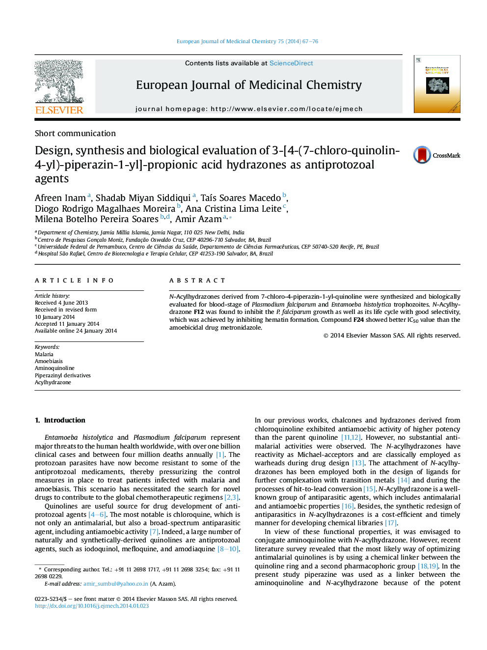 Design, synthesis and biological evaluation of 3-[4-(7-chloro-quinolin-4-yl)-piperazin-1-yl]-propionic acid hydrazones as antiprotozoal agents