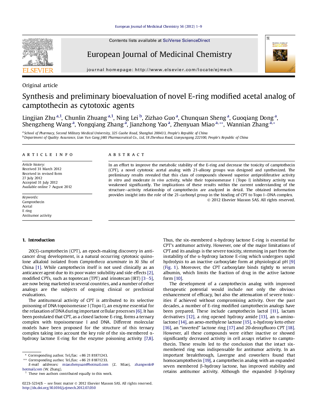 Synthesis and preliminary bioevaluation of novel E-ring modified acetal analog of camptothecin as cytotoxic agents