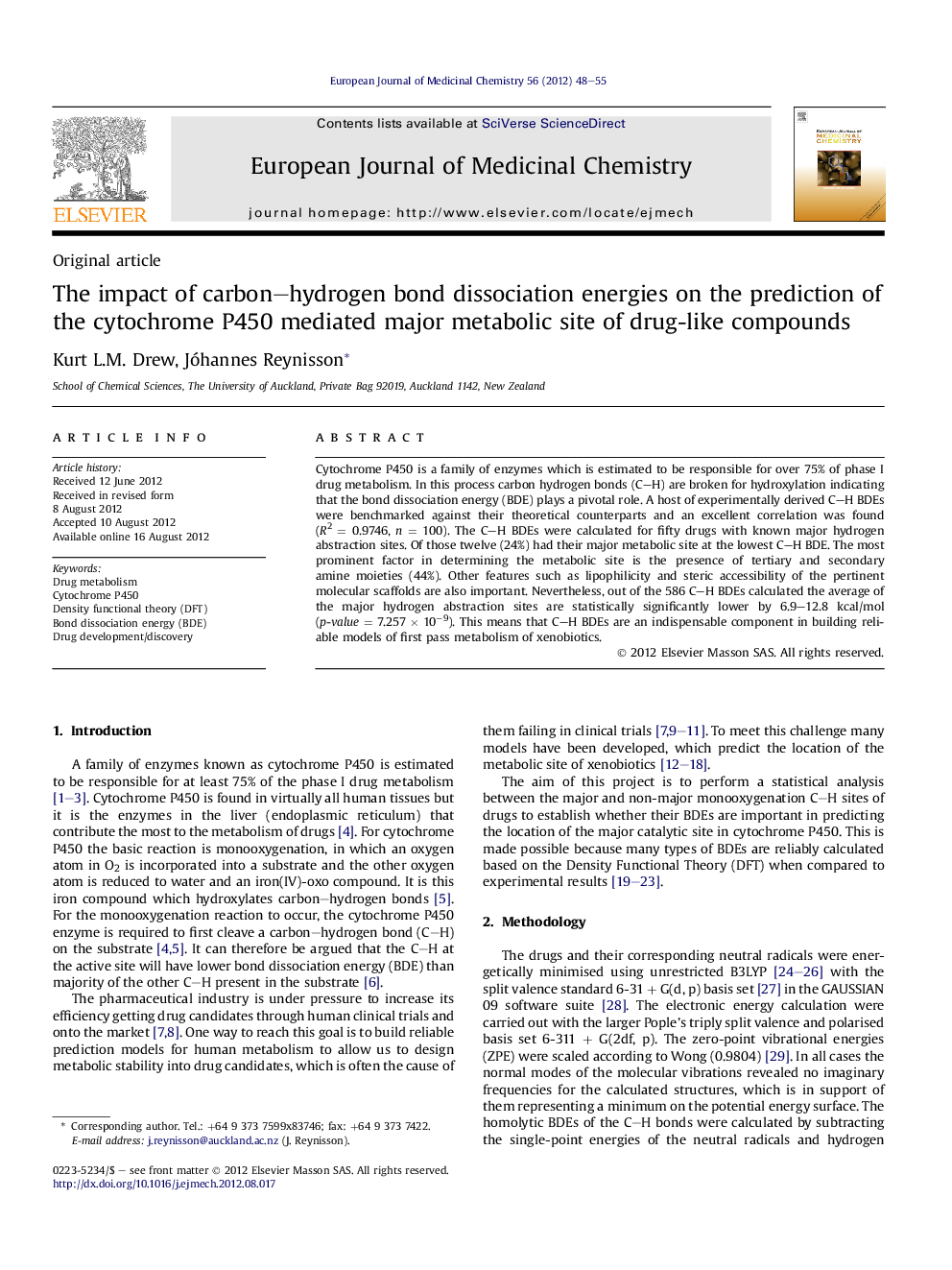 عکس صفحه اول مقاله: The impact of carbon–hydrogen bond dissociation energies on the prediction of the cytochrome P450 mediated major metabolic site of drug-like compounds The impact of carbon–hydrogen bond dissociation energies on the prediction of the cytochrome P450 mediated major metabolic site of drug-like compounds