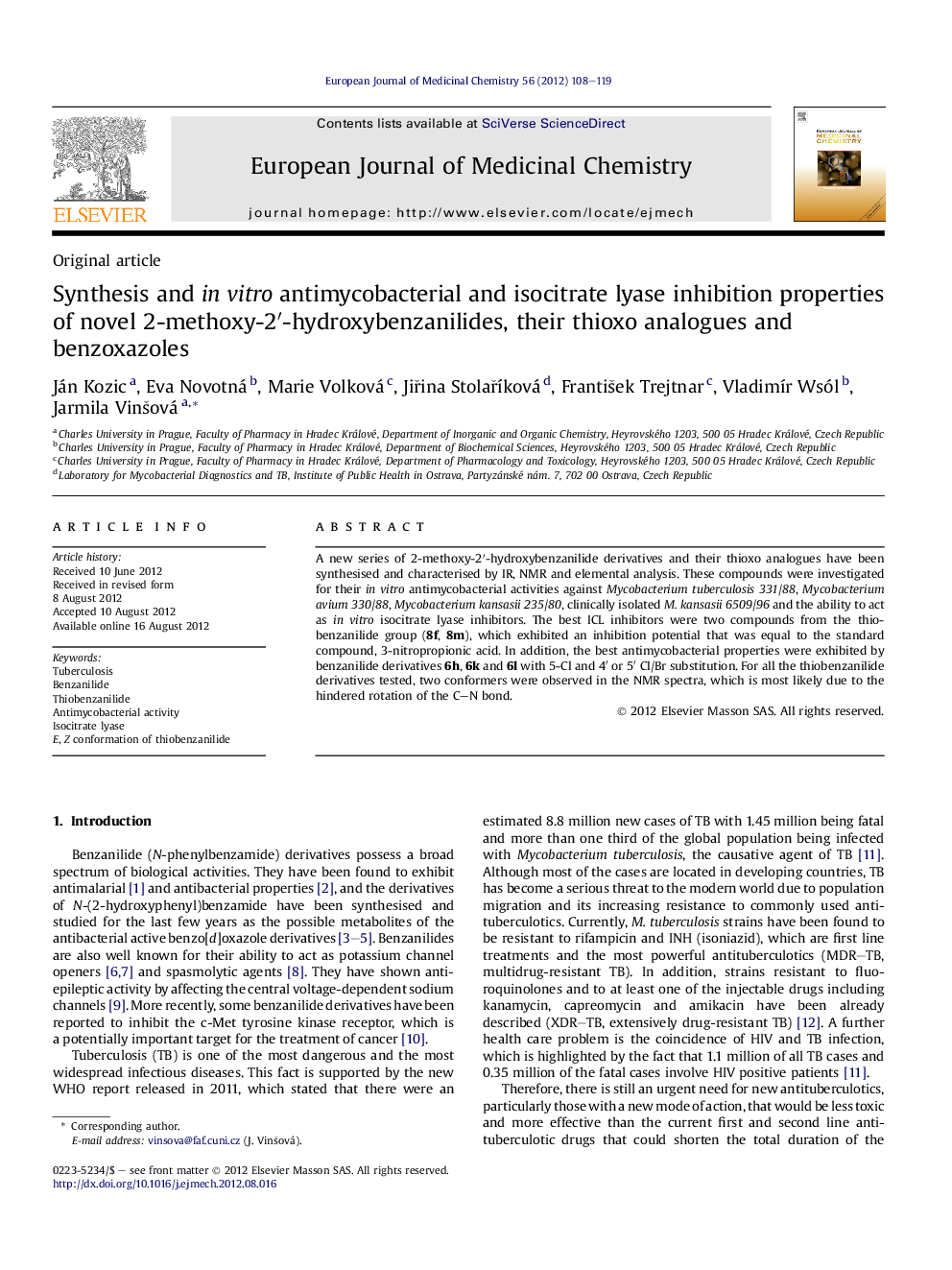 Synthesis and in vitro antimycobacterial and isocitrate lyase inhibition properties of novel 2-methoxy-2′-hydroxybenzanilides, their thioxo analogues and benzoxazoles