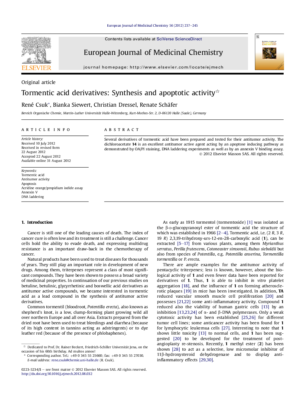 Tormentic acid derivatives: Synthesis and apoptotic activity 