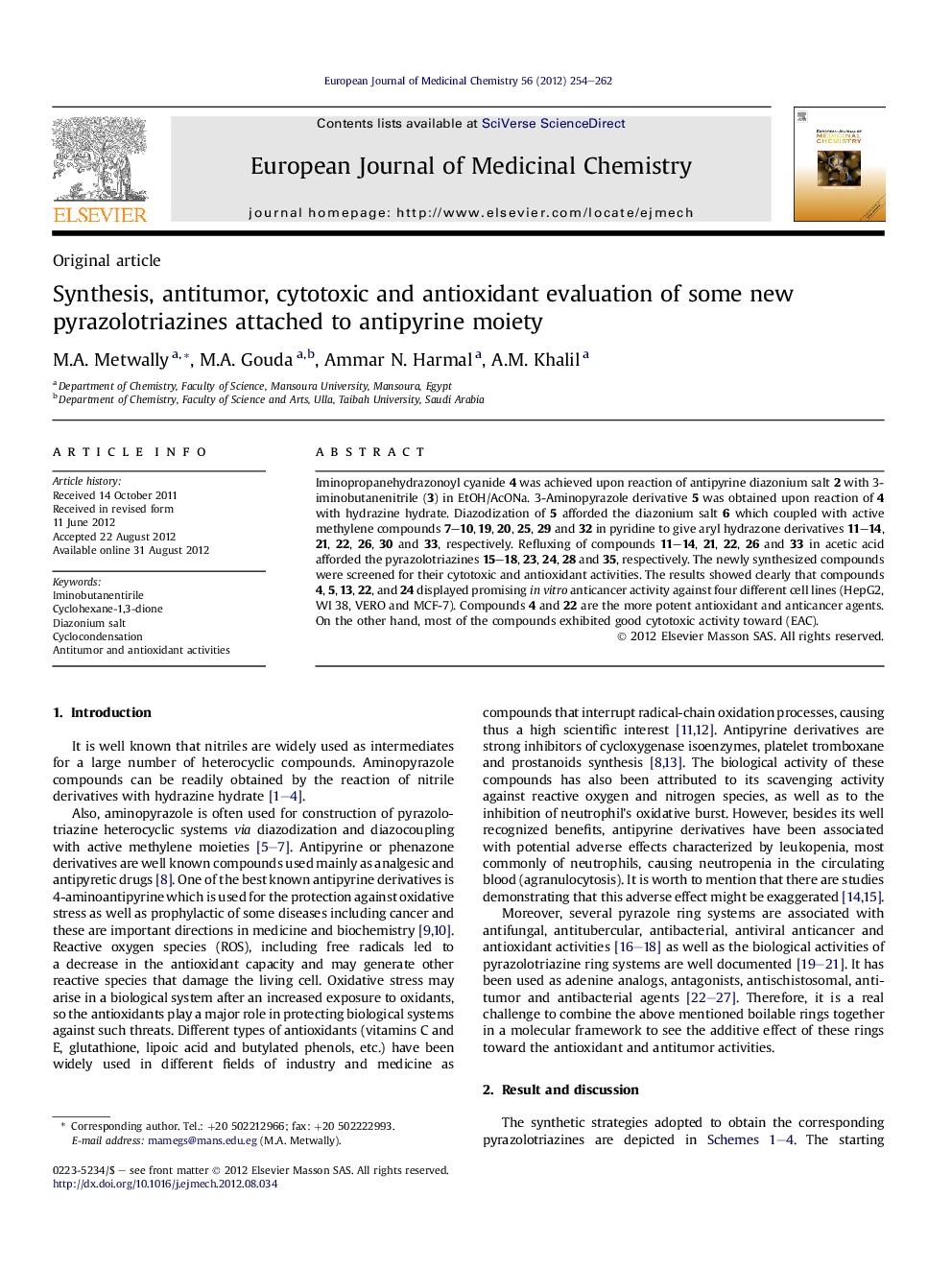 Synthesis, antitumor, cytotoxic and antioxidant evaluation of some new pyrazolotriazines attached to antipyrine moiety