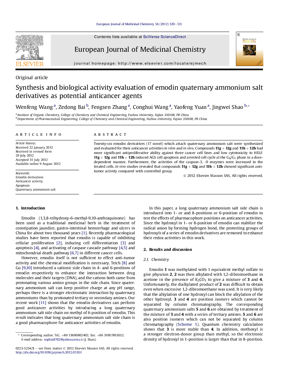 Synthesis and biological activity evaluation of emodin quaternary ammonium salt derivatives as potential anticancer agents