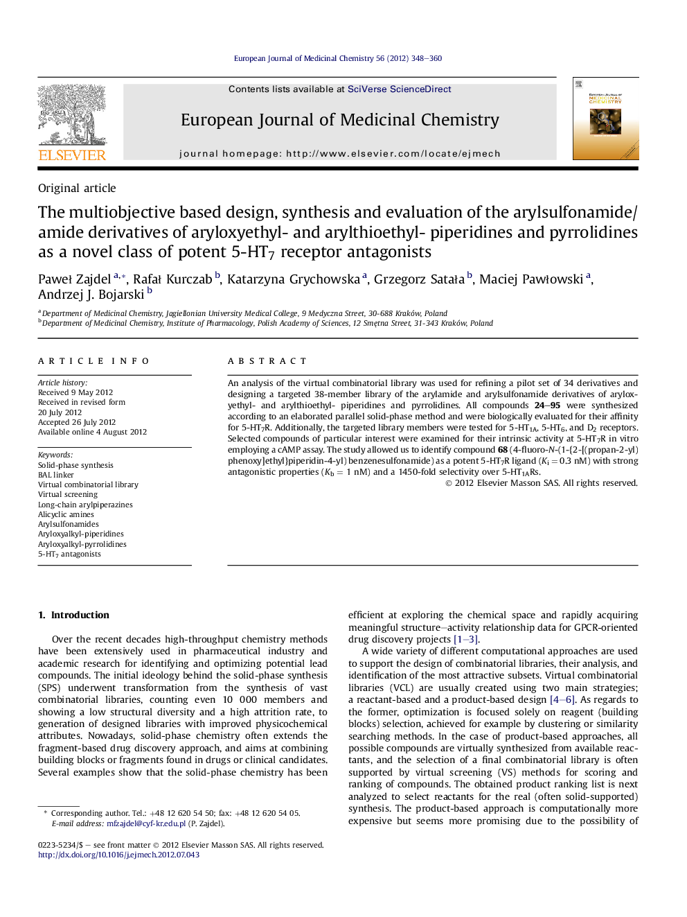 عکس صفحه اول مقاله: The multiobjective based design, synthesis and evaluation of the arylsulfonamide/amide derivatives of aryloxyethyl- and arylthioethyl- piperidines and pyrrolidines as a novel class of potent 5-HT7 receptor antagonists The multiobjective based design, synthesis and evaluation of the arylsulfonamide/amide derivatives of aryloxyethyl- and arylthioethyl- piperidines and pyrrolidines as a novel class of potent 5-HT7 receptor antagonists